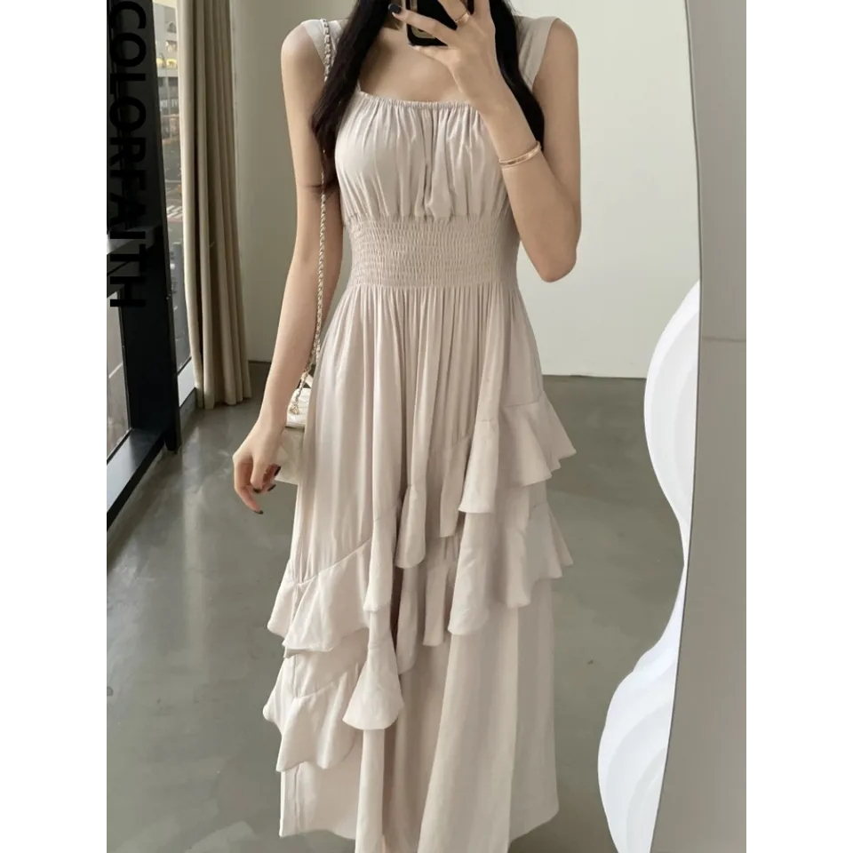 Jual Maxi Dress Wanita Ruffle Rampel Susun Singlet Smock Pinggang ...