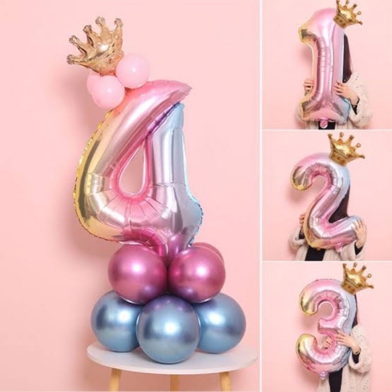Paket Set balon Angka JUMBO Rainbow 80cm mahkota kecil