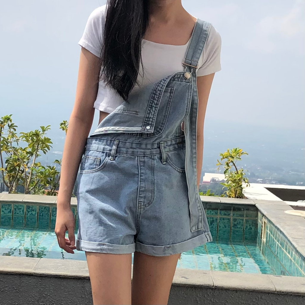 baju short jumpsuit celana kodok light denim jeans pendek playsuit  korea fashion import wanita murah