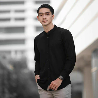 ALJOSA Kemeja Polos Pria Shanghai Hitam Putih Maroon Navy Biru Dongker Lengan Panjang Kerah Koko Grandad