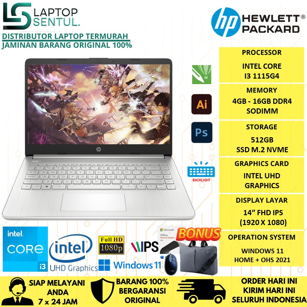 Jual Laptop Hp 14s Dq2614tu Intel I3 1115g4 16gb 512gb Ssd Fhd Ips Windows 11 Ohs Original 1752