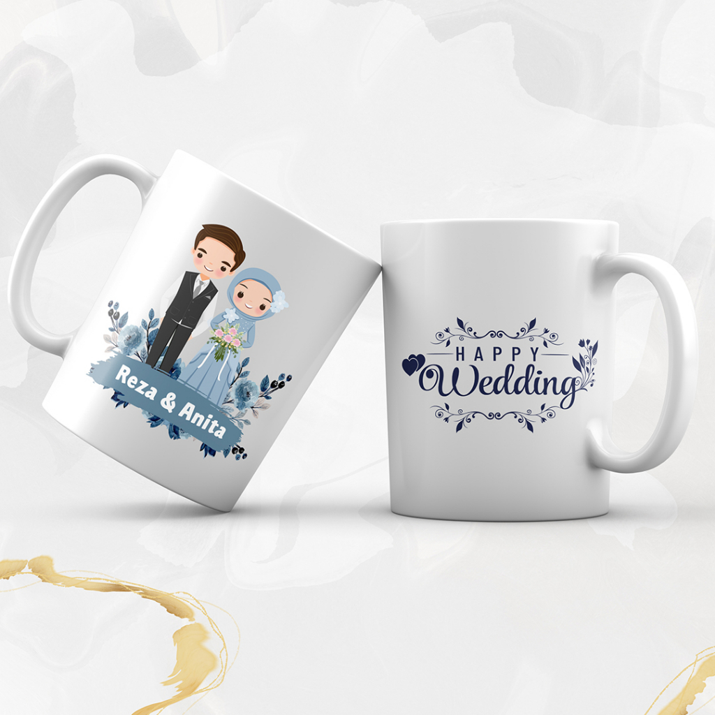 Jual HAPPY WEDDING/ CETAK MUG GELAS SOUVENIR PERNIKAHAN / MUG NIKAH