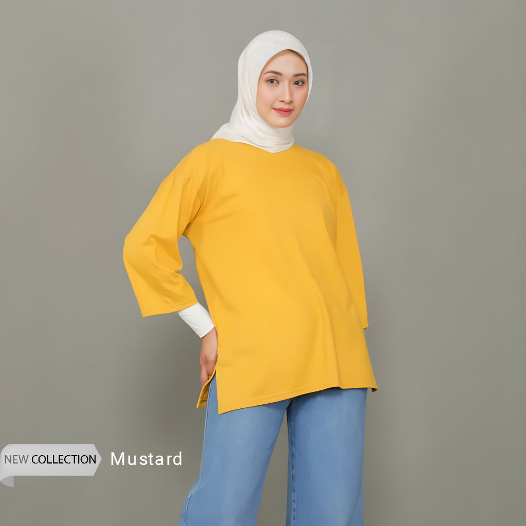 Jual Baju Kaos Polos Oversize Hijab Wanita Warna Kuning Mustard Tangan