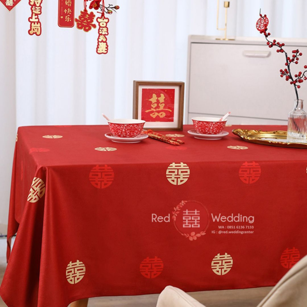 Jual Kain Backdrop/Kain Taplak Meja Merah Tema Wedding logo Shuang Xi ...