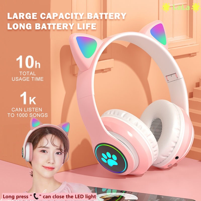 Jual Headset Headphone bluetooth gaming kucing android bass LED Light with Mic/Foldable HiFi