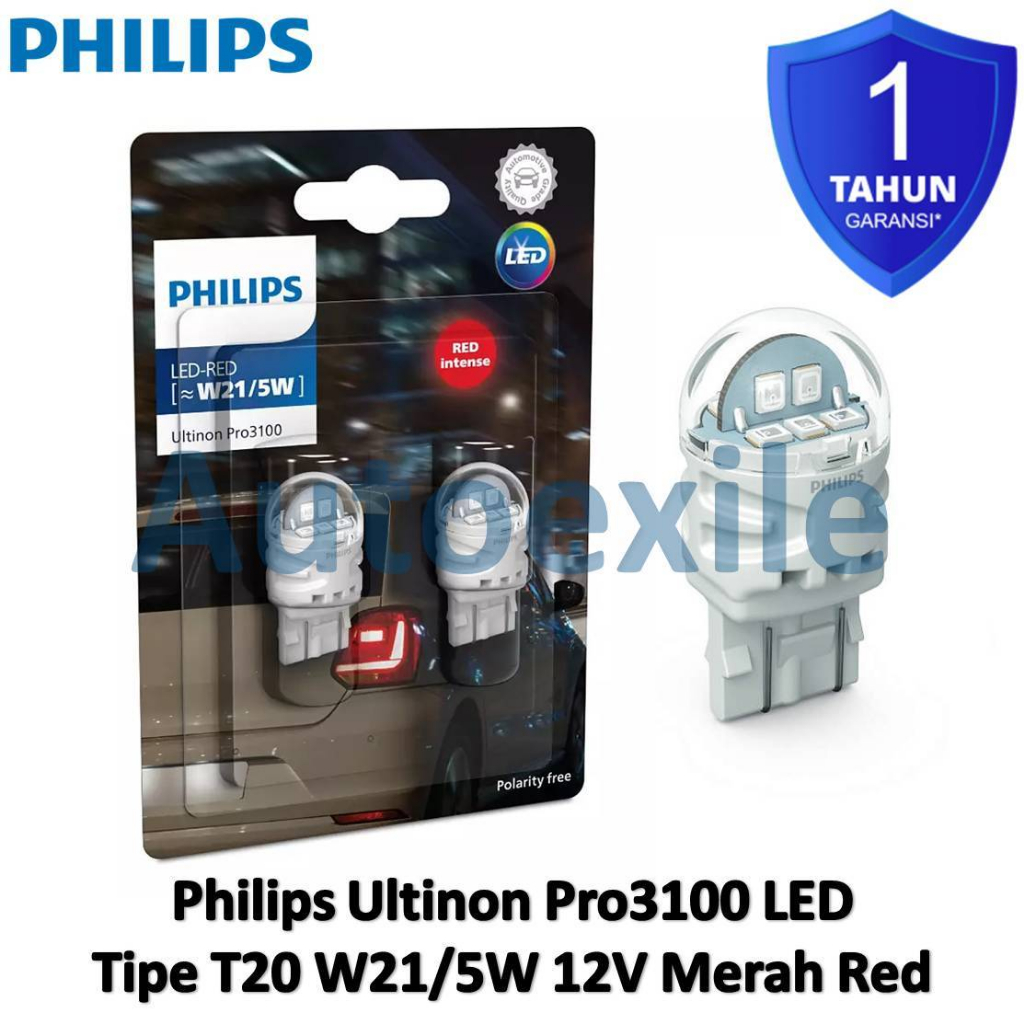 Lot De 2 Ampoules LED Philips Ultinon W21/5W Rouge Intense - Pour Feux Stop Et Arrière, 12V