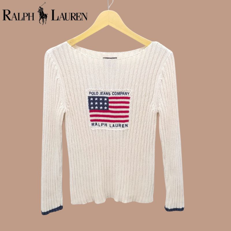 Vintage Polo Jeans Company Ralph Lauren Broken White Flag Cotton Sweater