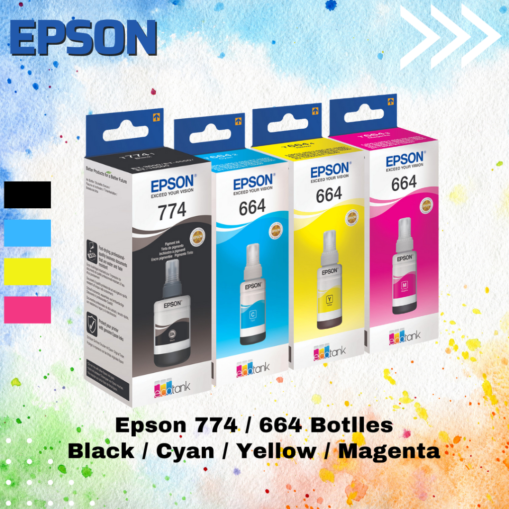 Jual 1 Set Epson 664 Cyan Yellow Magenta Epson 774 BK Black Hitam ...