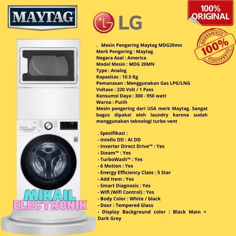 Jual PAKET WASHER FRONT LOADING LG 15 KG + DRYER PENGERING GAS MAYTAG