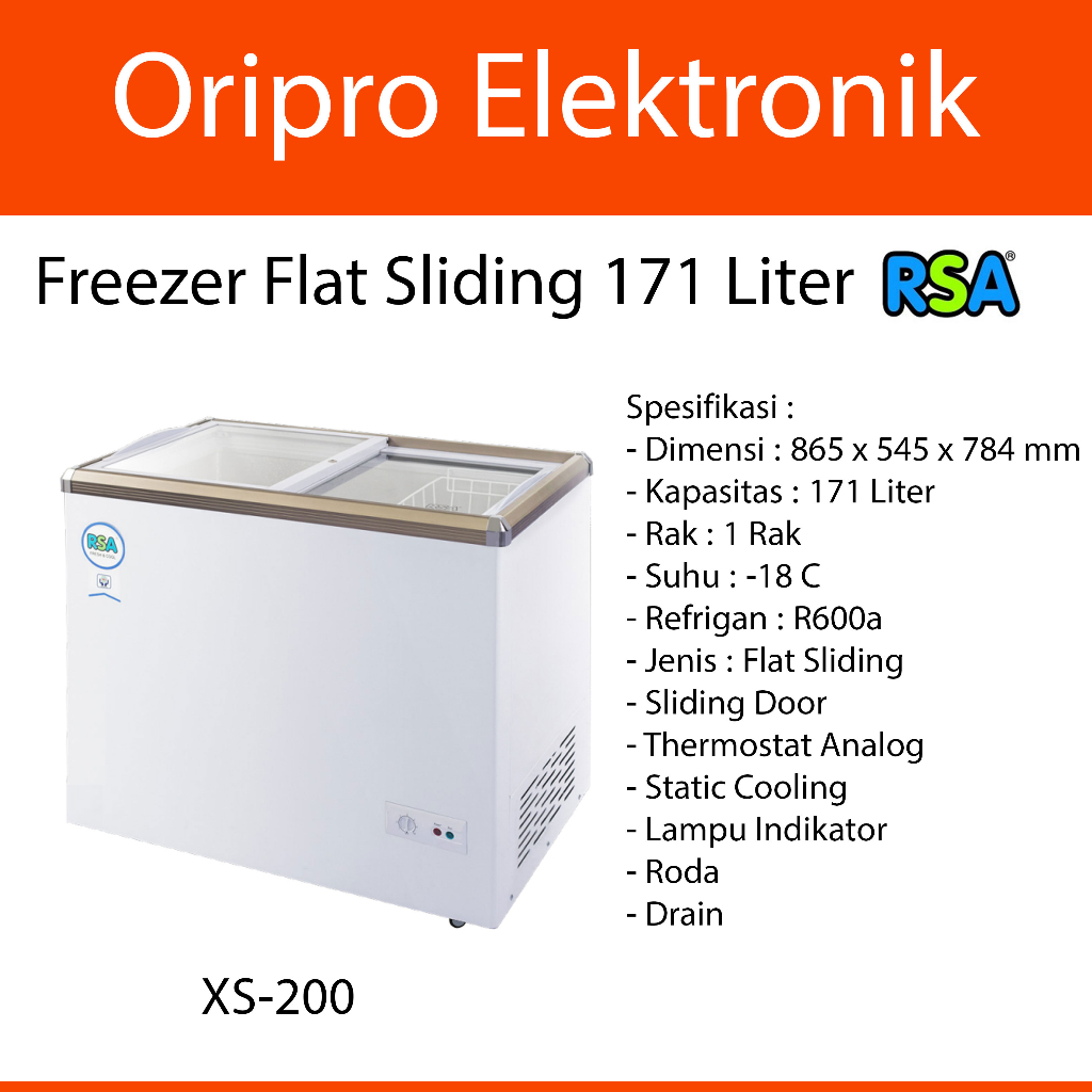 CHEST FREEZER BOX SLIDING FLAT GLASS RSA XS 200 [171L] KHUSUS BOGOR