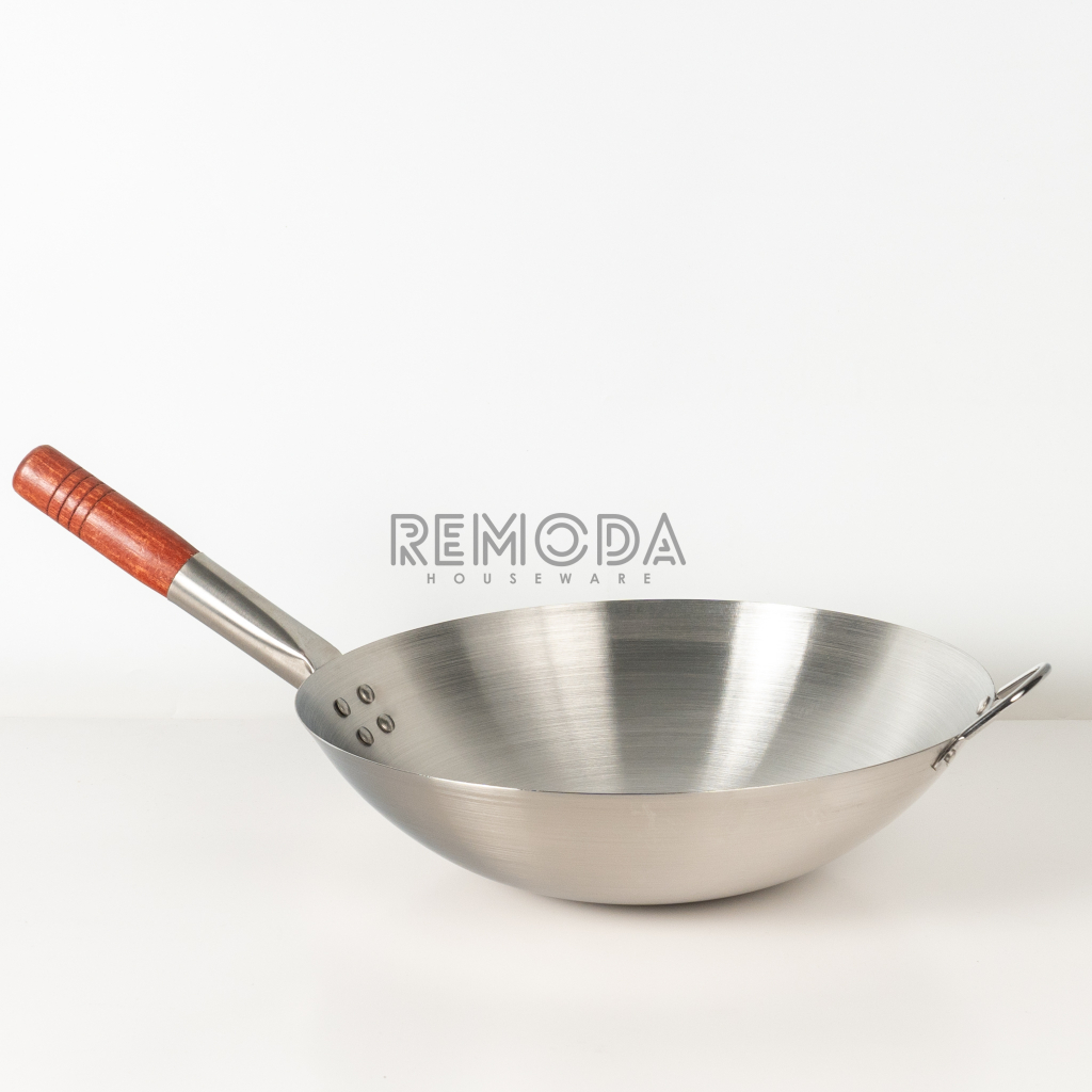 Jual Calypso Wok Kuali Wajan Penggorengan Stainless Steel Gagang Kayu Ukuran Cm Shopee