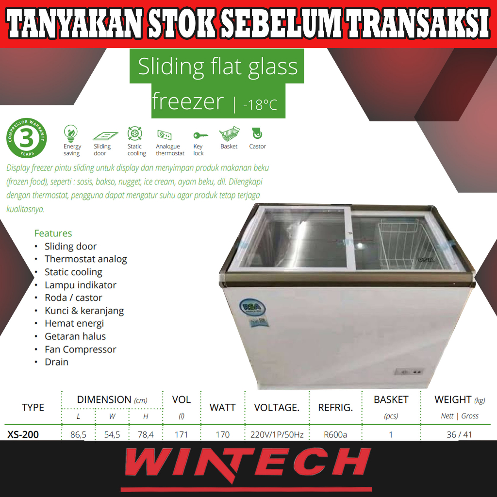 Jual KHUSUS LUAR KOTA RSA XS-200 Sliding Flat Glass Freezer + PACKING ...