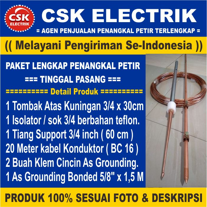 Jual Penangkal Petir 1 Tombak + 20 Meter Kabel Tembaga Tinggal Pasang ...