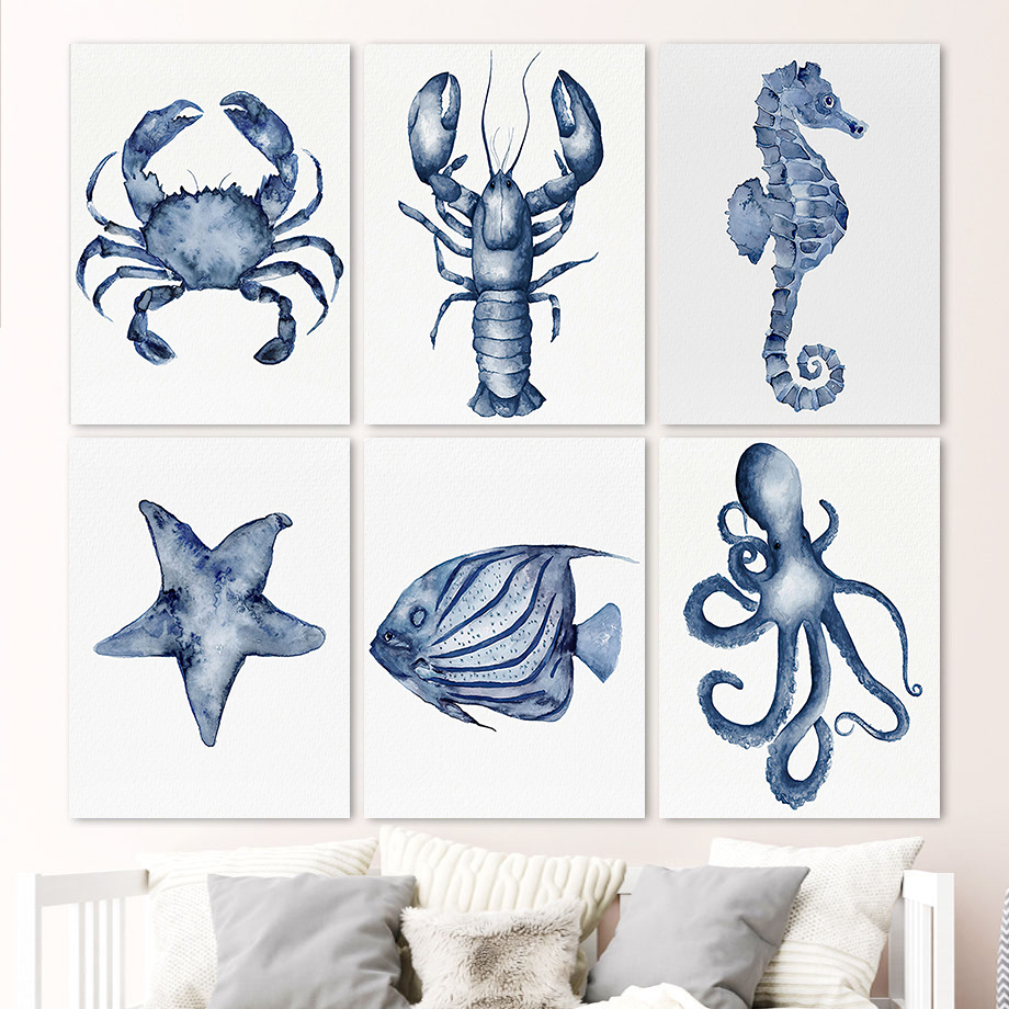 Jual Poster Gurita Lobster Kepiting Kerang Rumput Laut Karang Biru Laut ...
