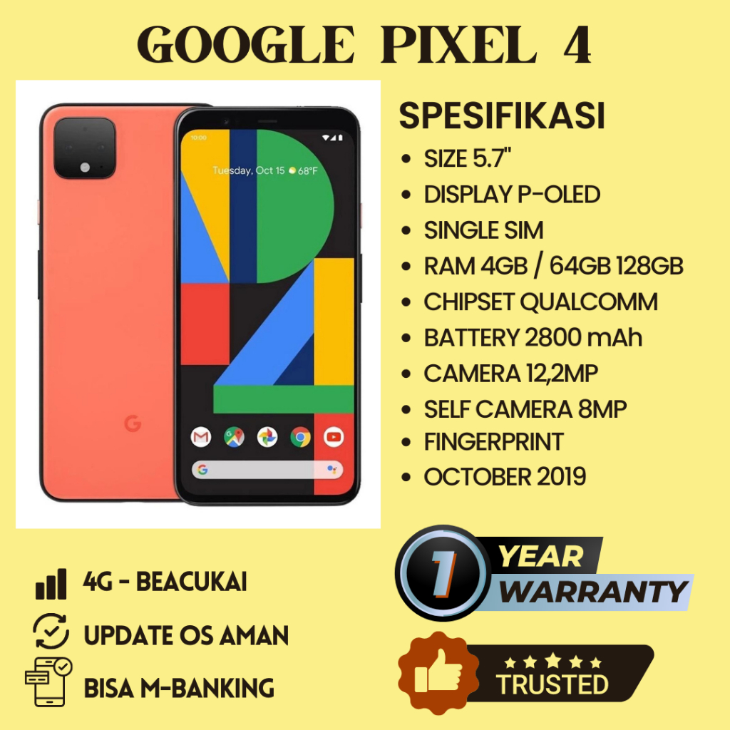 Jual FREE FULLSET GOOGLE PIXEL 4 INTERNAL 64GB 128GB RAM 6GB SPEK