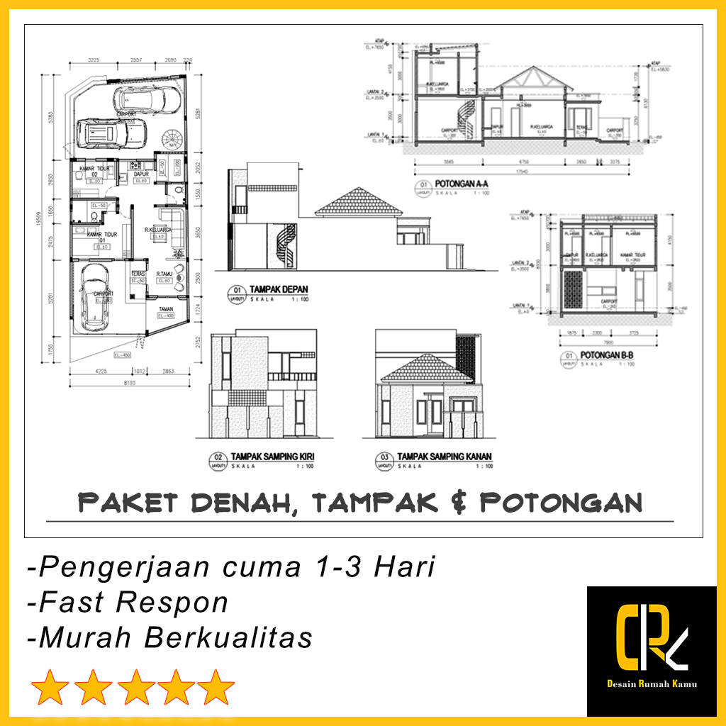 Jual Paket Desain Denah Tampak Potongan Gambar Detapot 2D Rumah Gambar