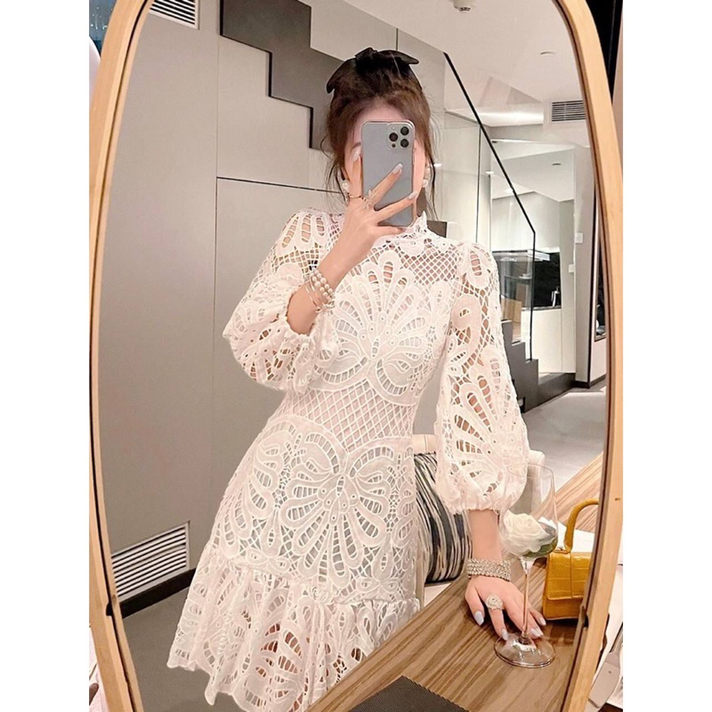 Jual Triva Dress Crochet Korean Elegant Mewah Party Dinner Sweet White