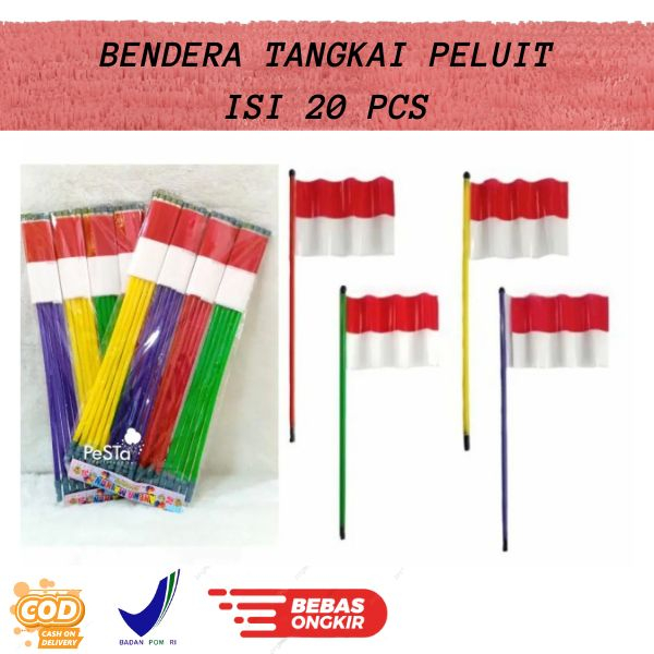 Jual Cod 20pcs Bendera Merah Putih Gagang Stik Peluit Bendera Pawai