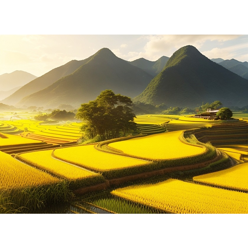 Jual Lukisan Alam Pedesaan: Pemandangan Sawah dan Panen Padi Yang Indah