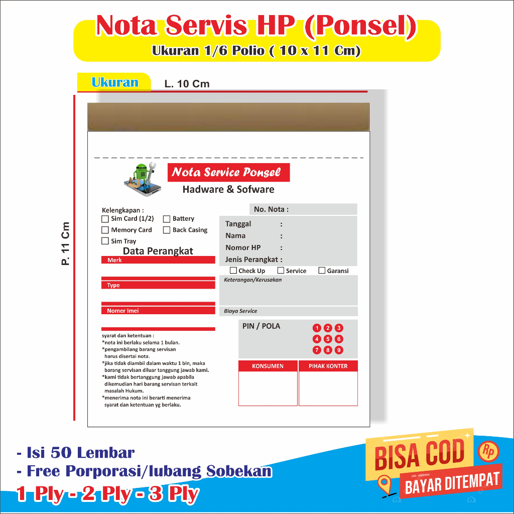 Jual Nota Servis Hp Ukuran 1/6 Polio 10 X 11 Cm Buku Nota Servis Hp ...