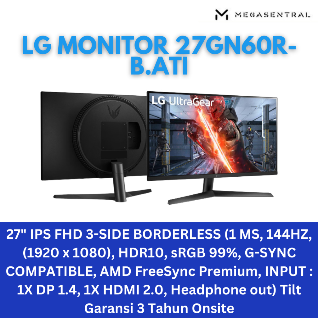 Jual LG 27GN60R B UltraGear 27" FHD IPS 144Hz 1ms GSync HDMI DP