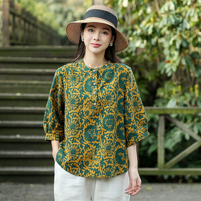 Jual Women Cotton Linen 3/4 Sleeve Shirts Blouse Tops Floral Tops ...