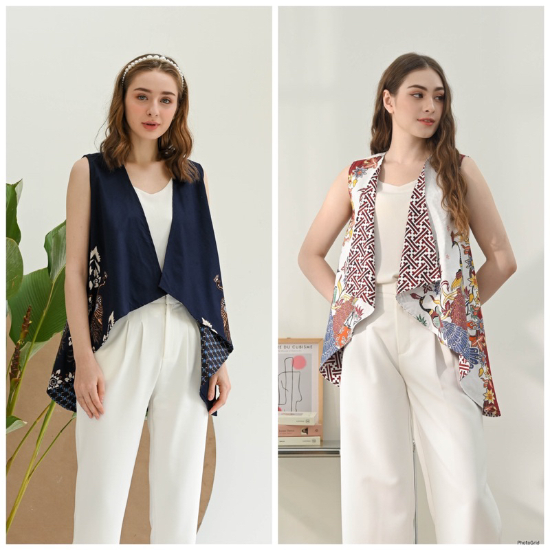 Jual Pikoi Id Vest Batik Wanita Modern Bolak Balik Tanpa Lengan Rompi Outer Batik Putih Navy