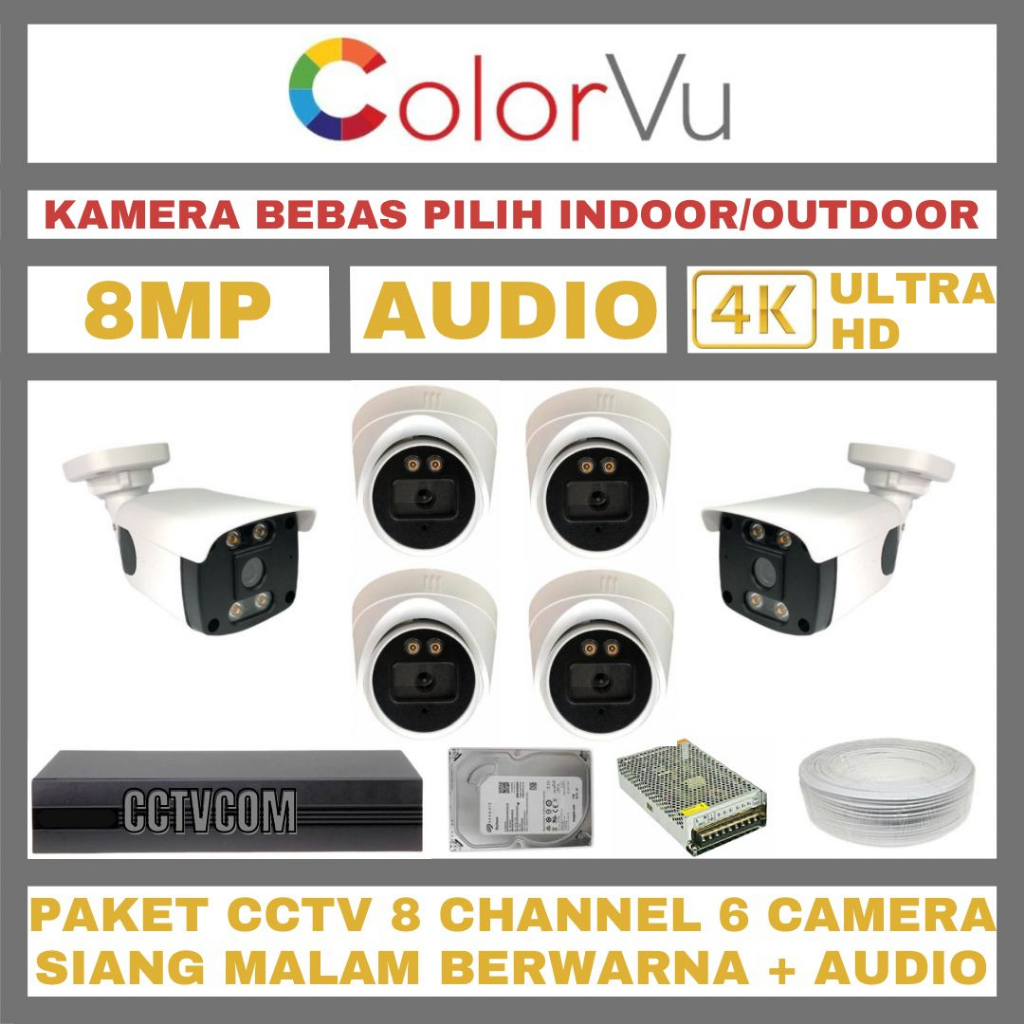 Jual PAKET CCTV COLORVU 8MP 8 CHANNEL 6 KAMERA ULTRA HD 4K CAMERA AUDIO ...