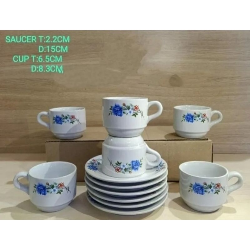 CANGKIR ; MOTIF BUNGA ROS BAHAN KERAMIK SET 12 PCS ( 6 GELAS GELAS DAN 6 TATAKAN) SET GELAS KADO GELAS KOPI TEH