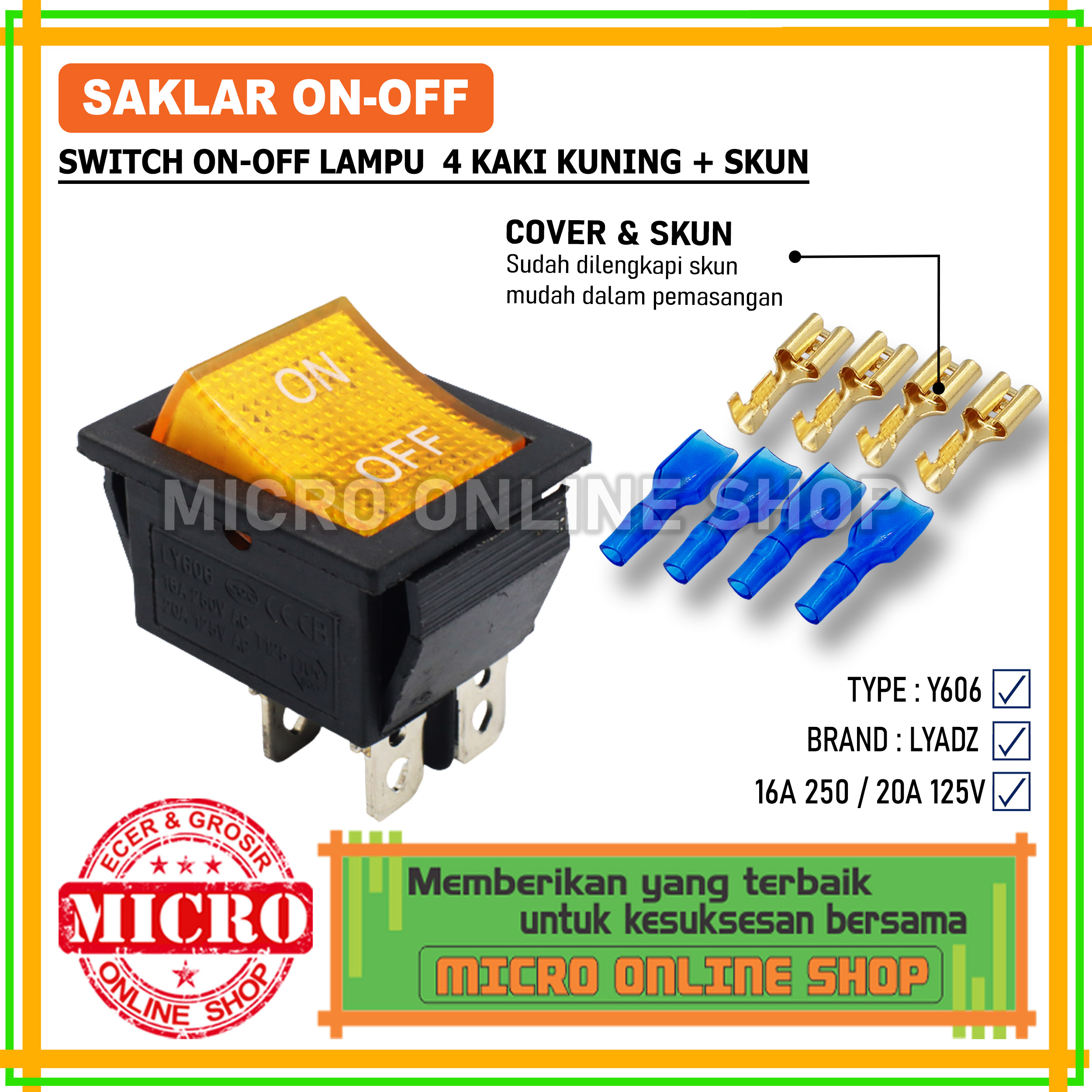 Jual Saklar On-Off Lampu Kuning 4 Kaki + Skun / Switch On-Off Lampu 4 ...