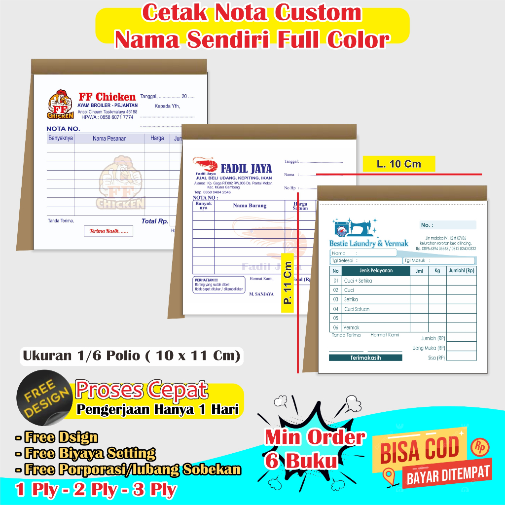 Jual Cetak nota Custom nama toko sendiri full color ukuran 1/6 polio 10 ...