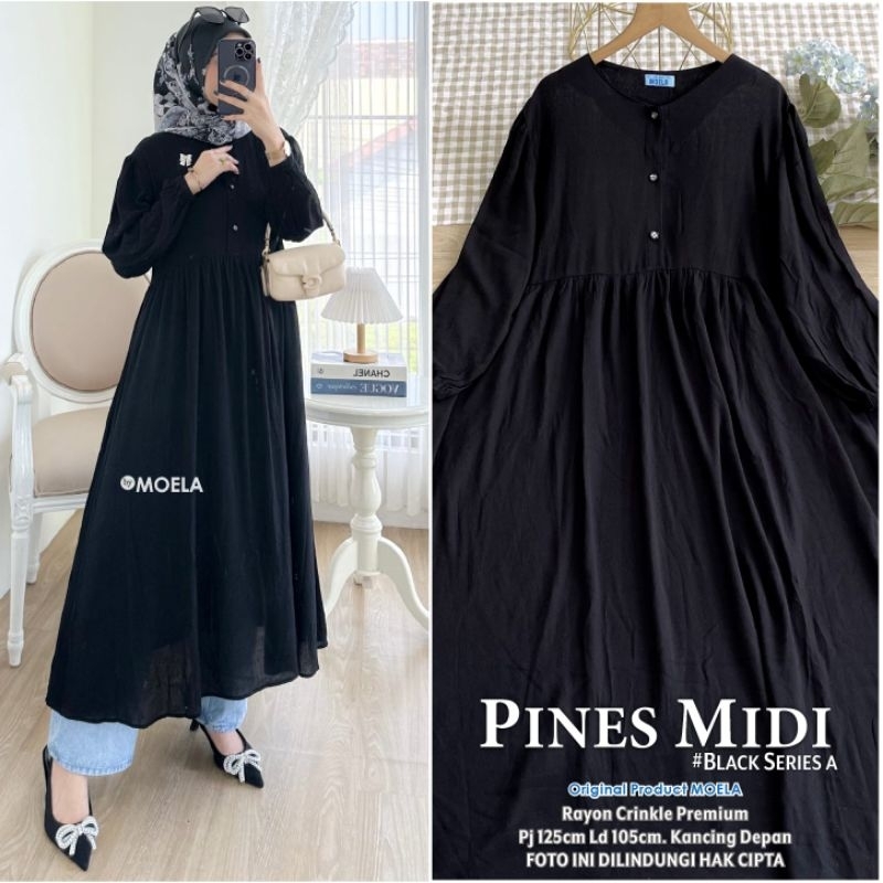 Jual Moela Berlabel Pines Kilso Midi Dress Polos Crinkle Airflow Kancing Depan Maxy Menyusui