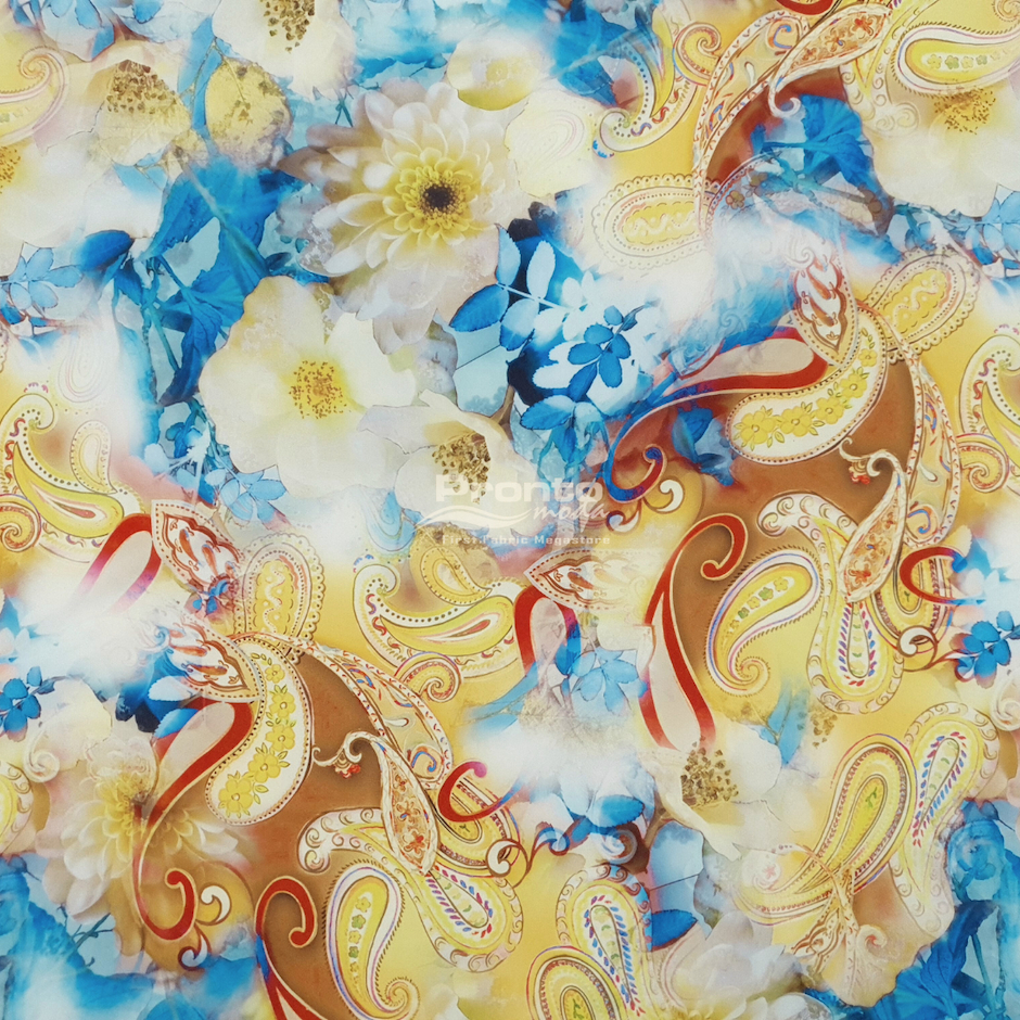 Jual Silky Stretch Blue Yellow Floral Paisley Pattern (Pronto Moda ...