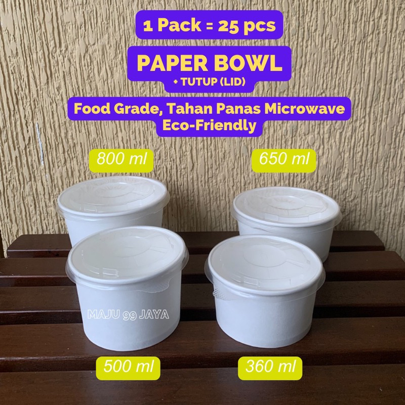 Jual (25 PCS) (IVORY) Paper Bowl dan Tutup Lid 360ml 500ml