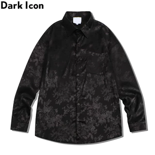 Dark Icon Kemeja Eternal Hitam Bunga Pria Oversized Satin Kemeja Pria Lengan Panjang Shirts Cowok Hitam/Putih/Beige