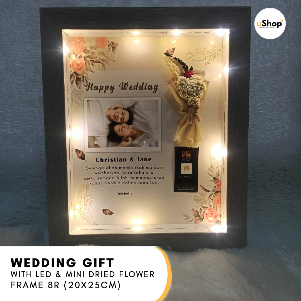 Kado Pernikahan Wedding Gift Logam Mulia Emas Mini Kado Nikah Frame 8R (20x25 cm) Narutal Kayu