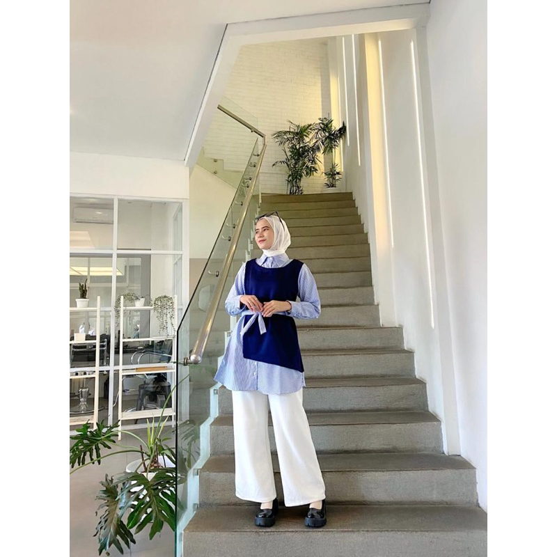 Jual Kemeja Tunik Katun Biru AQILA Wanita Muslim Kerja Casual Hits ...