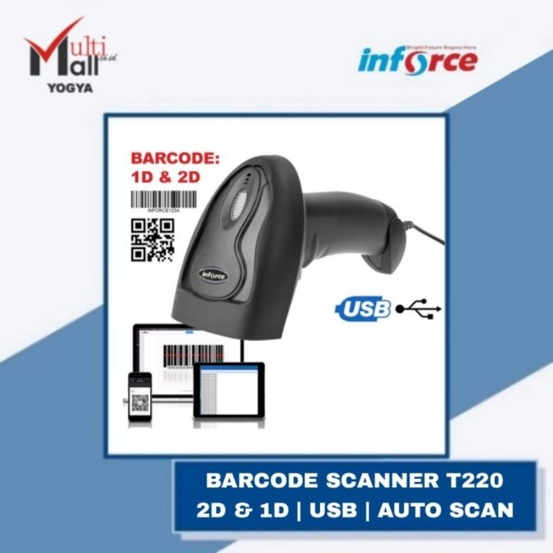 Jual Inforce Barcode Scanner T220 USB 2D + 1D Auto Scan Kertas & Layar ...