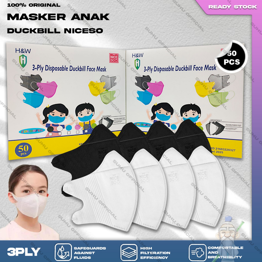 Jual Masker Anak Duckbil NICESO 3Ply Isi 50Pcs Putih Hitam Abu Warna ...