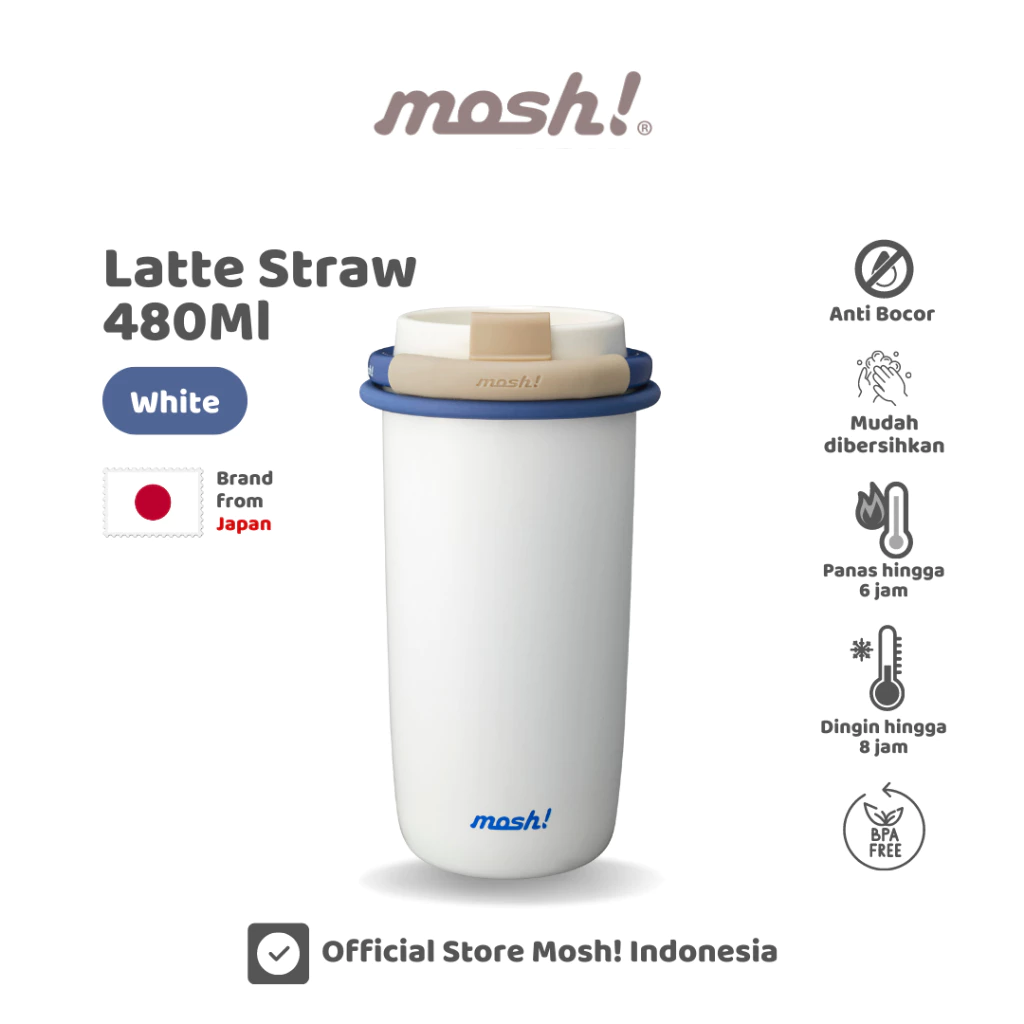 Mosh Latte Straw Tumbler Stainless Steel 480ML - Botol Minum Termos Tahan Panas dan Dingin - White