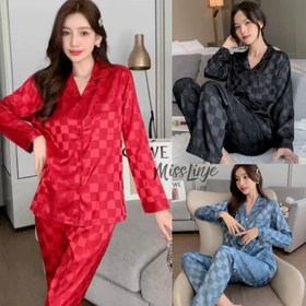 Baju Tidur Piyama Satin Kotak Setelan Lengan Panjang Celana Panjang Wanita Busui Full Kancing