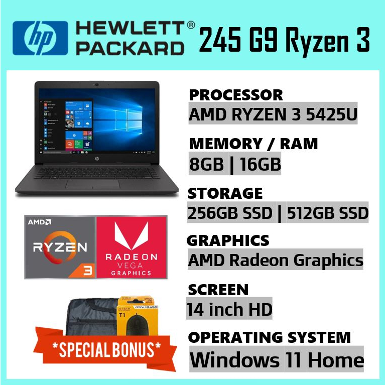 Jual Laptop HP 245 G9 AMD Ryzen 3 5425U 14 inch WXGA Windows 11 Home ...