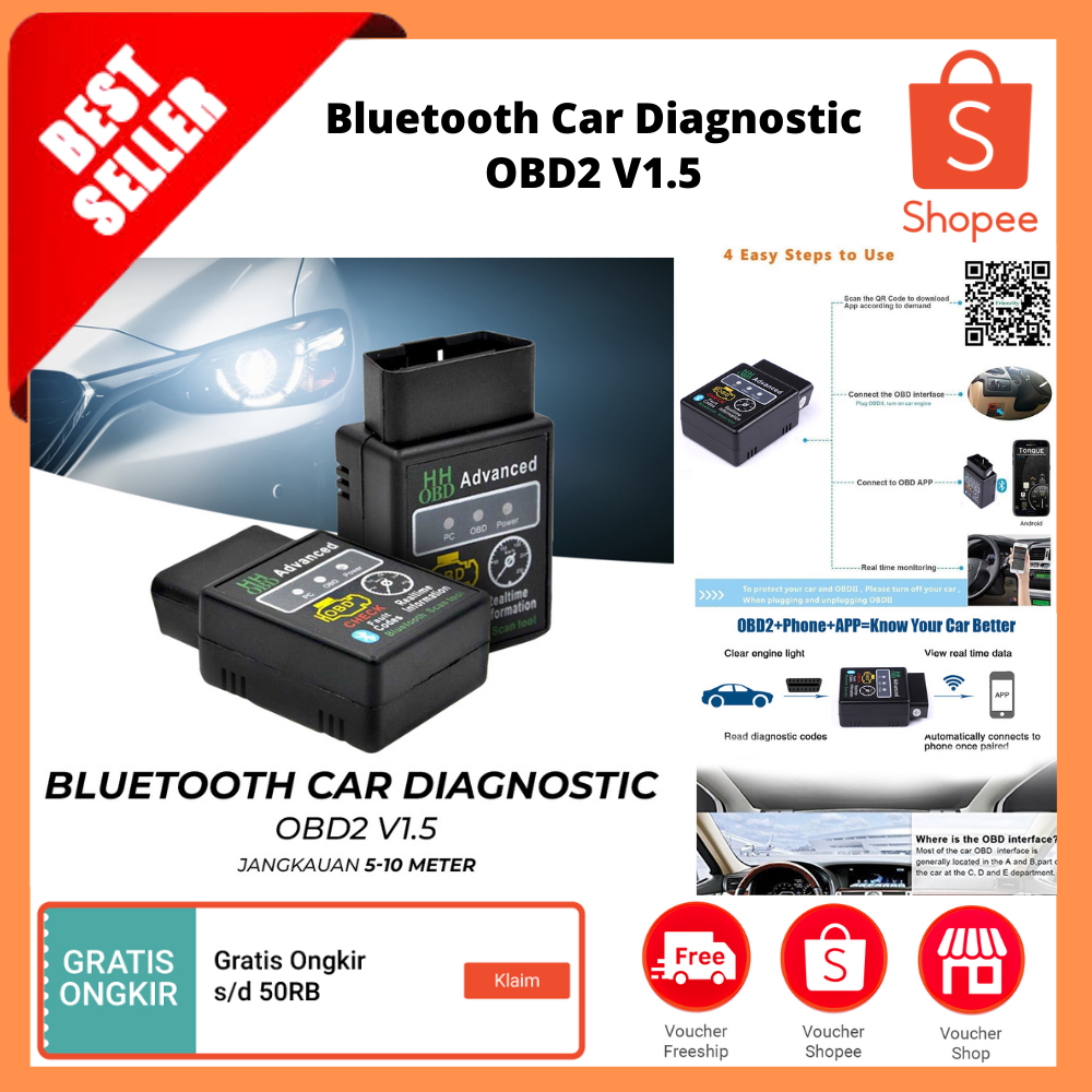 Jual Bluetooth Car Diagnostic OBD2 V1.5 / Pemindai Adaptor Nirkabel ...