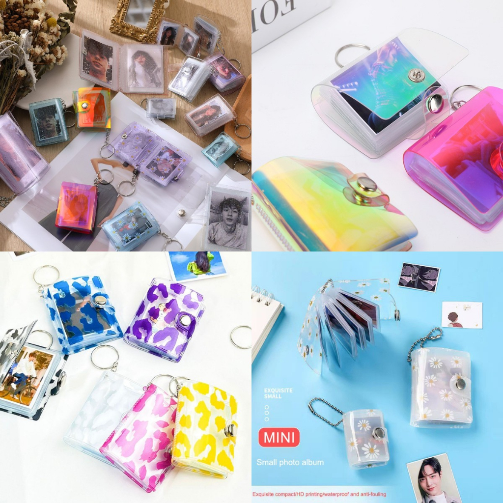 Photocard Holder Cute 1 Inch Mini Photo Album 16 Pockets Shiny Transparent  ID Card Holder Keychain Keyring Jelly Color... Mini Picture Book Keychain