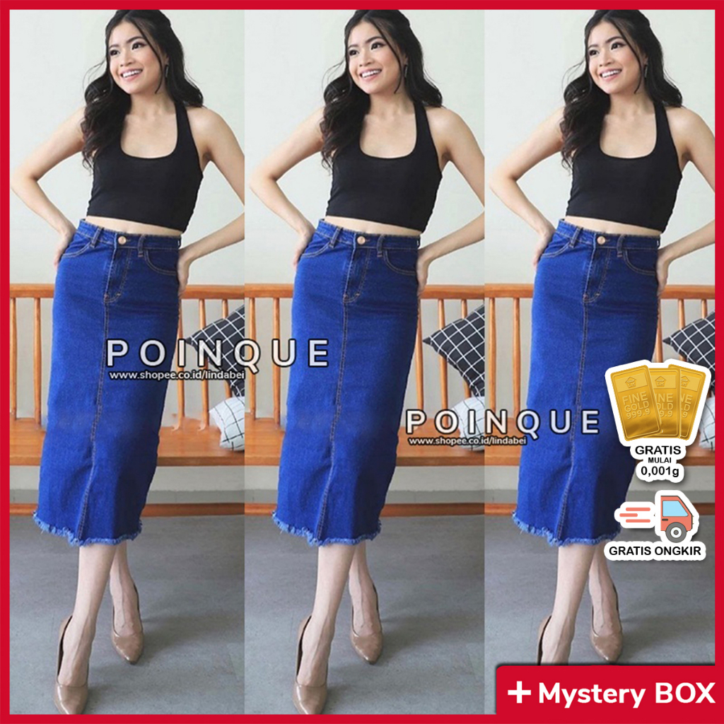 Jual Rok Jeans Span High Waist Premium Wanita Panjang 7/9 Rumbai ...