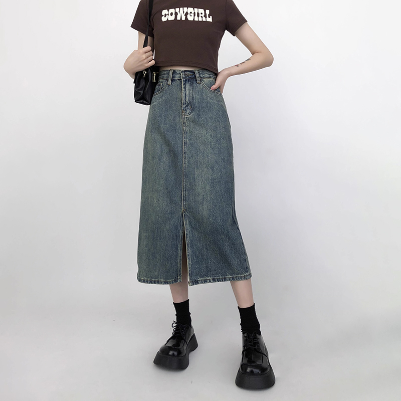 Jual Alice Rok-Biru Korean Highwaist Rok Denim Split Rok A-line Loose ...
