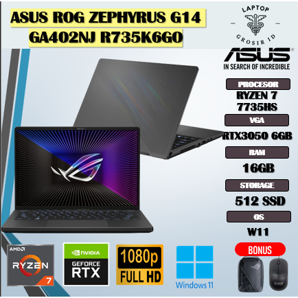 Jual ASUS ROG ZEPHYRUS G14 GA402NJ RYZEN 7 7735HS RTX3050 6GB/ 16GB ...