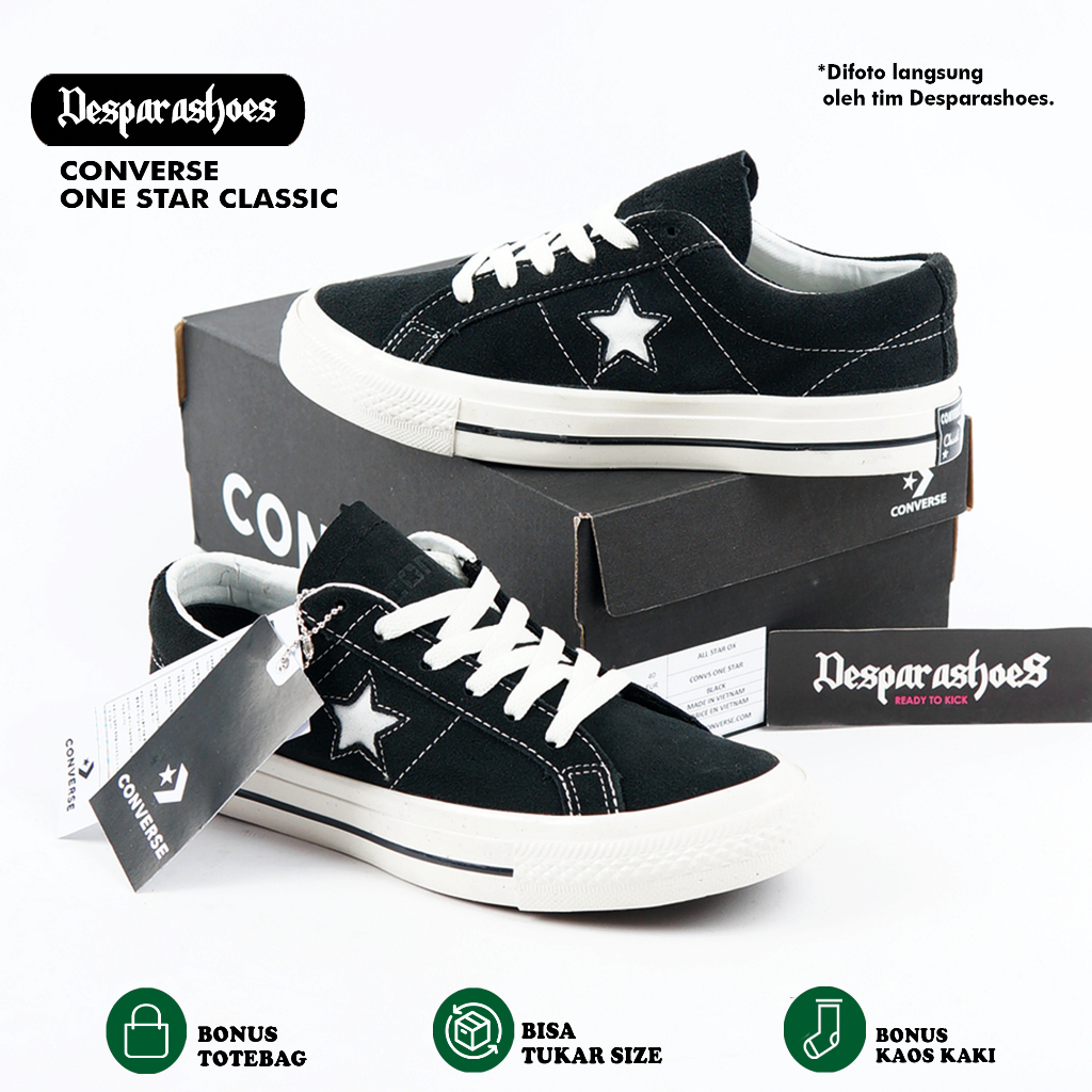 Sepatu Pria Sneakers Converse Cons One Star Classic Black White Material  Suede Terlaris