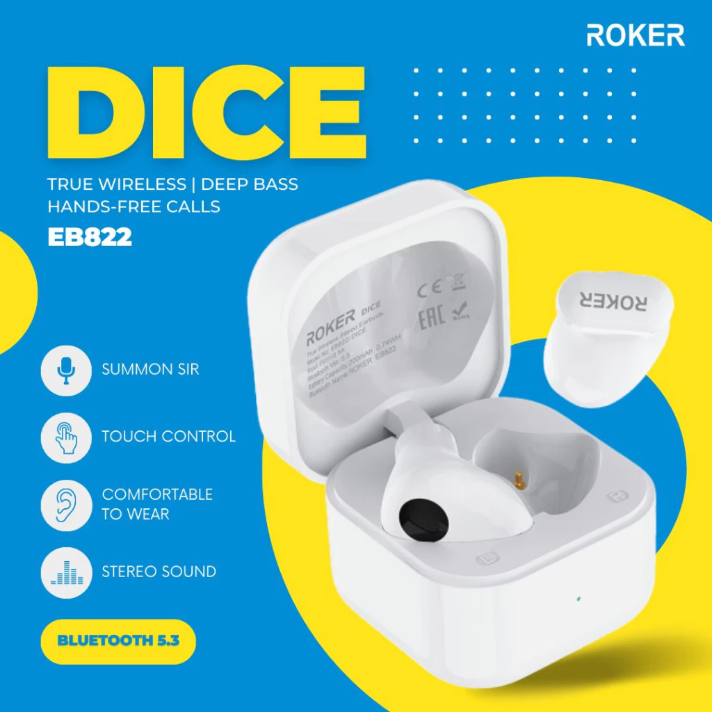TWS ROKER DICE EB822 TRUE WIRELESS DEEP BASS BLUETOOTH 5.3