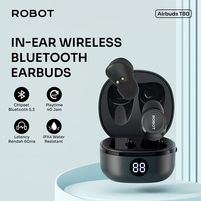 ROBOT TWS True Wireless Bluetooth Earphone Airbuds T80 Water Resistant IPX 4 BT 5.3 - Garansi 1 Tahun